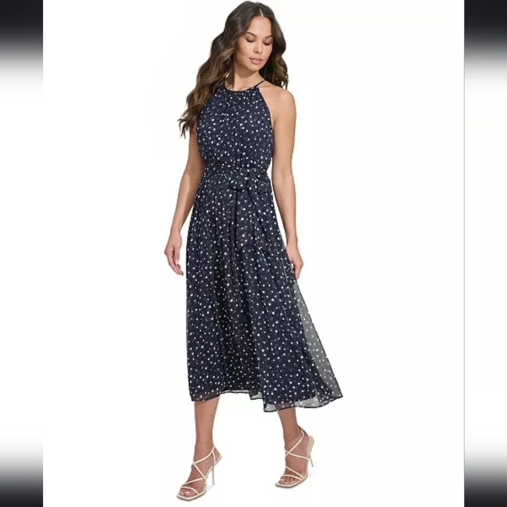 NWT DKNY Women's Printed Chiffon Belted Halter Midi Dress Size 2 - Picture 3 of 12